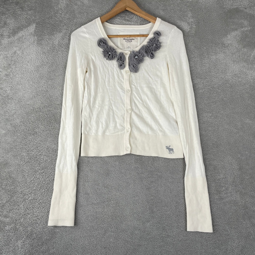 Abercrombie & Fitch Cardigan Womens Medium Ivory Y2K 3D Floral Rosette Coquette